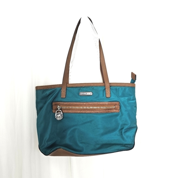Michael Kors Kempton small teal green nylon tote shoulder bag brown trim - Picture 1 of 14